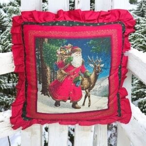 Vintage Handmade Christmas Santa Around The World Throw Pillow Red 16 X 16 Decor